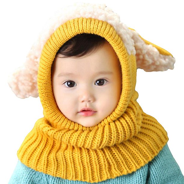 Gorro de lana de bebé, cálido, de punto, con capucha, para calentar el cuello, gorro de cordero adorable para niños pequeños, amarillo.