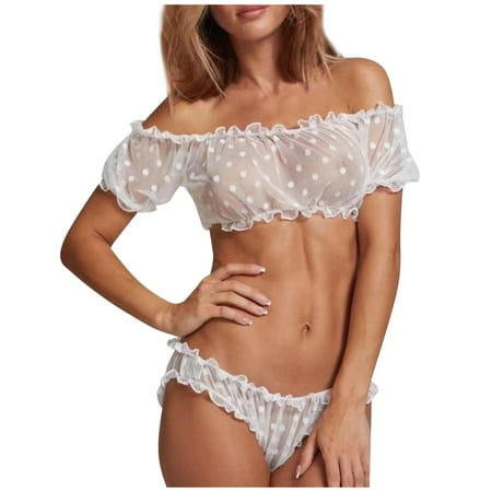 

XHJUN Lingerie Set Ruched Print Off Shoulder Mesh Lingerie Set White XL