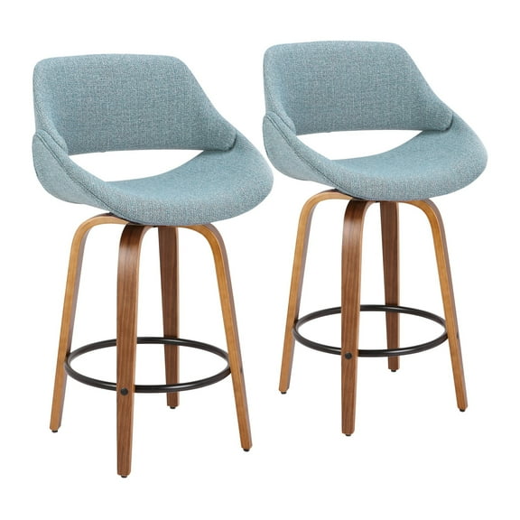 Fabrico Mid-Century Modern Counter Stool in Walnut and Blue Noise Fabric by LumiSource - Set of 2