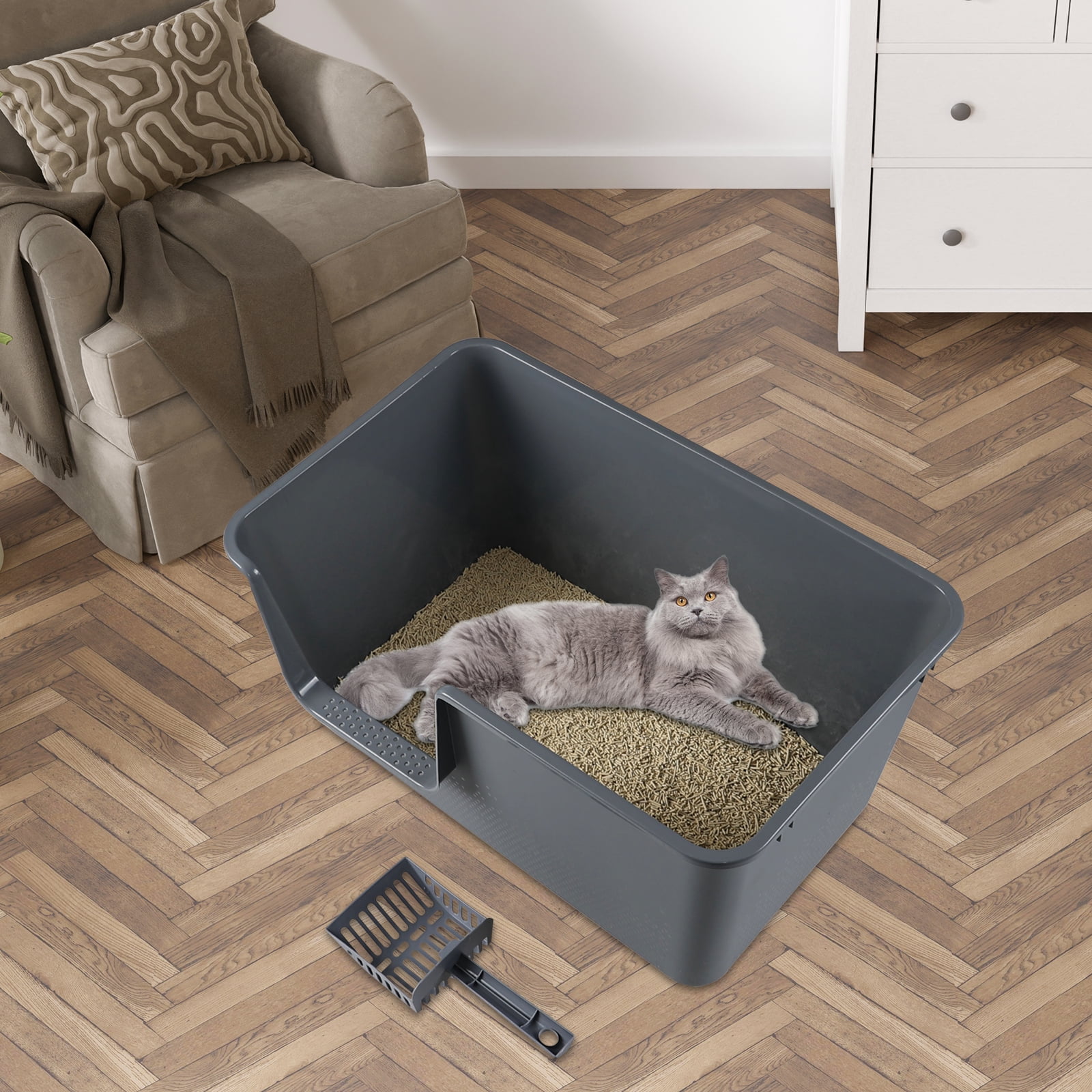Lesbin 4-Pack Open Top Large Cat Litter Box with High Sided, 12.8" Heigh Anti-Splashing Kitty Litter Box with Scoop, Gray