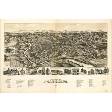 24"x36" Gallery Poster, Perspective map of Roanoke, Virginia 1891