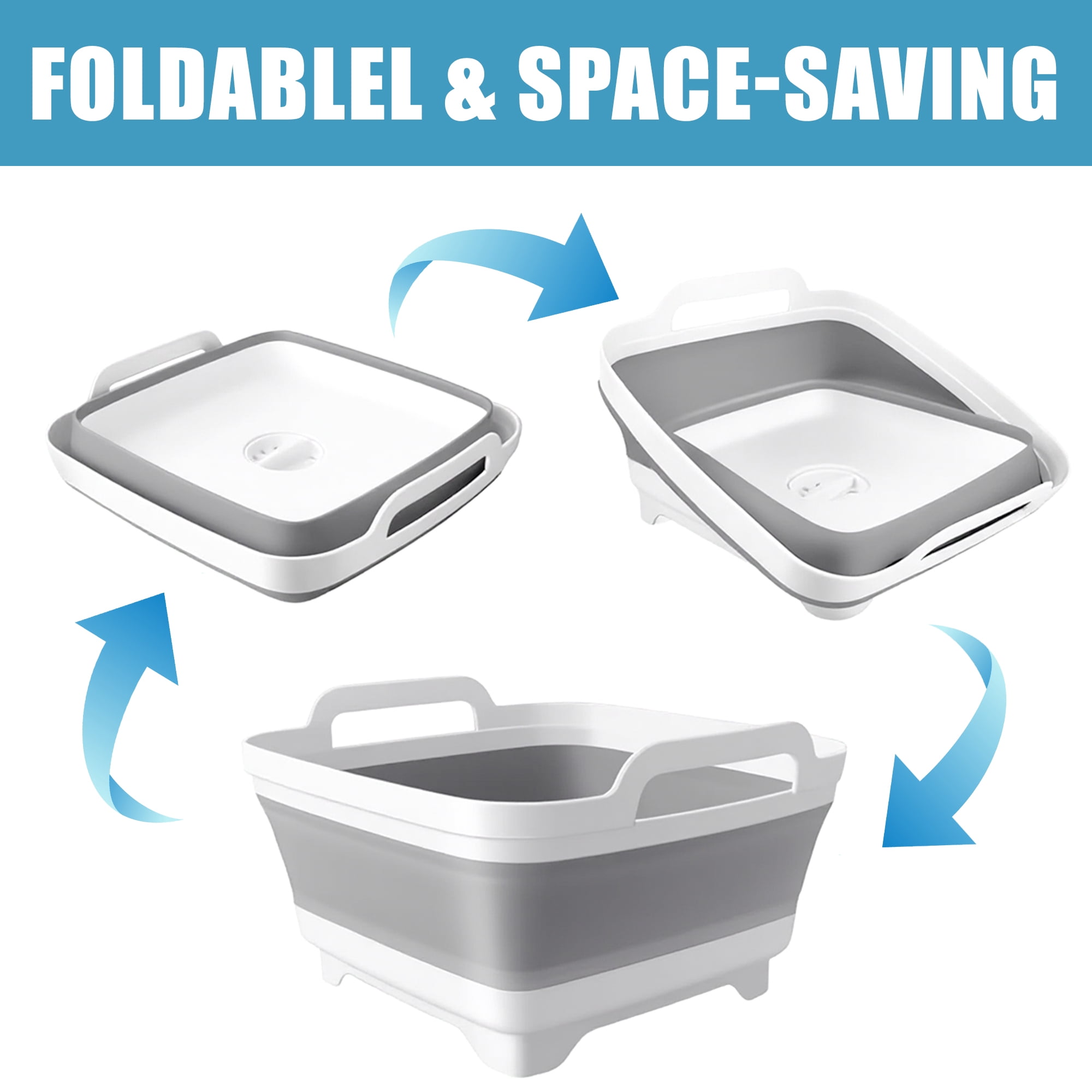 Collapsible Dish Tub, 9L Foldable Washing Basin With Drain Plug and Handles, Space-Saving Plastic Sink Basin for Kitchen, Camping, Laundry