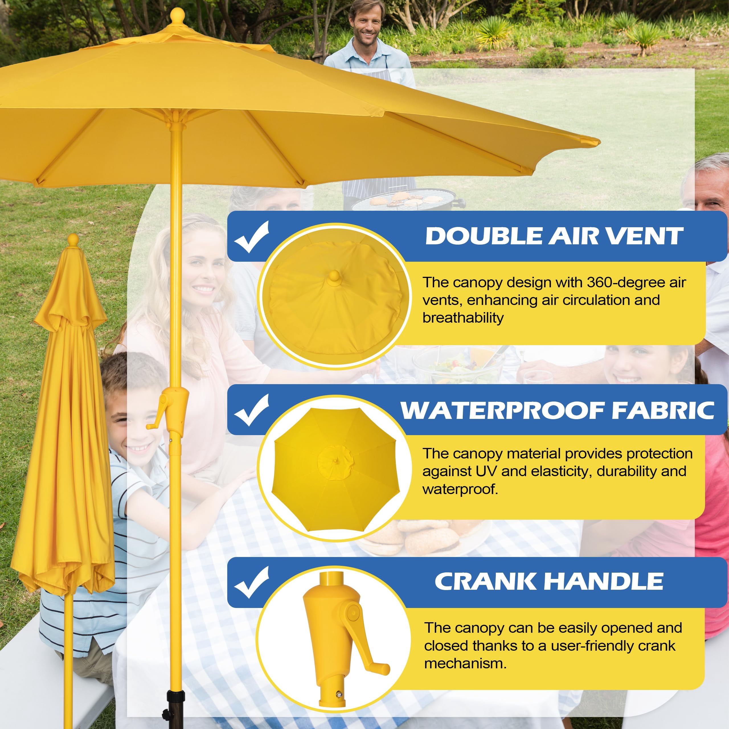 Bibana 9FT Outdoor Patio Umbrella, Market Table Umbrella with 8 Sturdy Ribs & Easy Crank System, Fade-Resistant Waterproof Canopy with Air Vent for Garden, Deck, Poolside & Backyard (Yellow)
