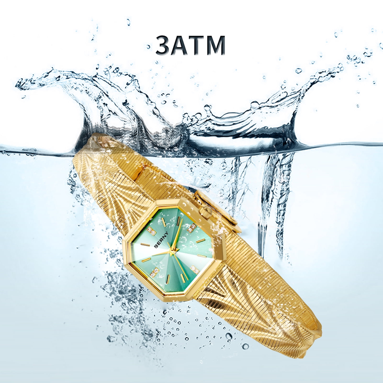 BERNY Small Gold Watches for Women, Dainty Luxury Diamond Dial, Stainless Steel Bracelet Watch, Fashion Ladies Analog Quartz Watch, Minimalist Waterproof Womens Wristwatch Gifts (Light Blue)