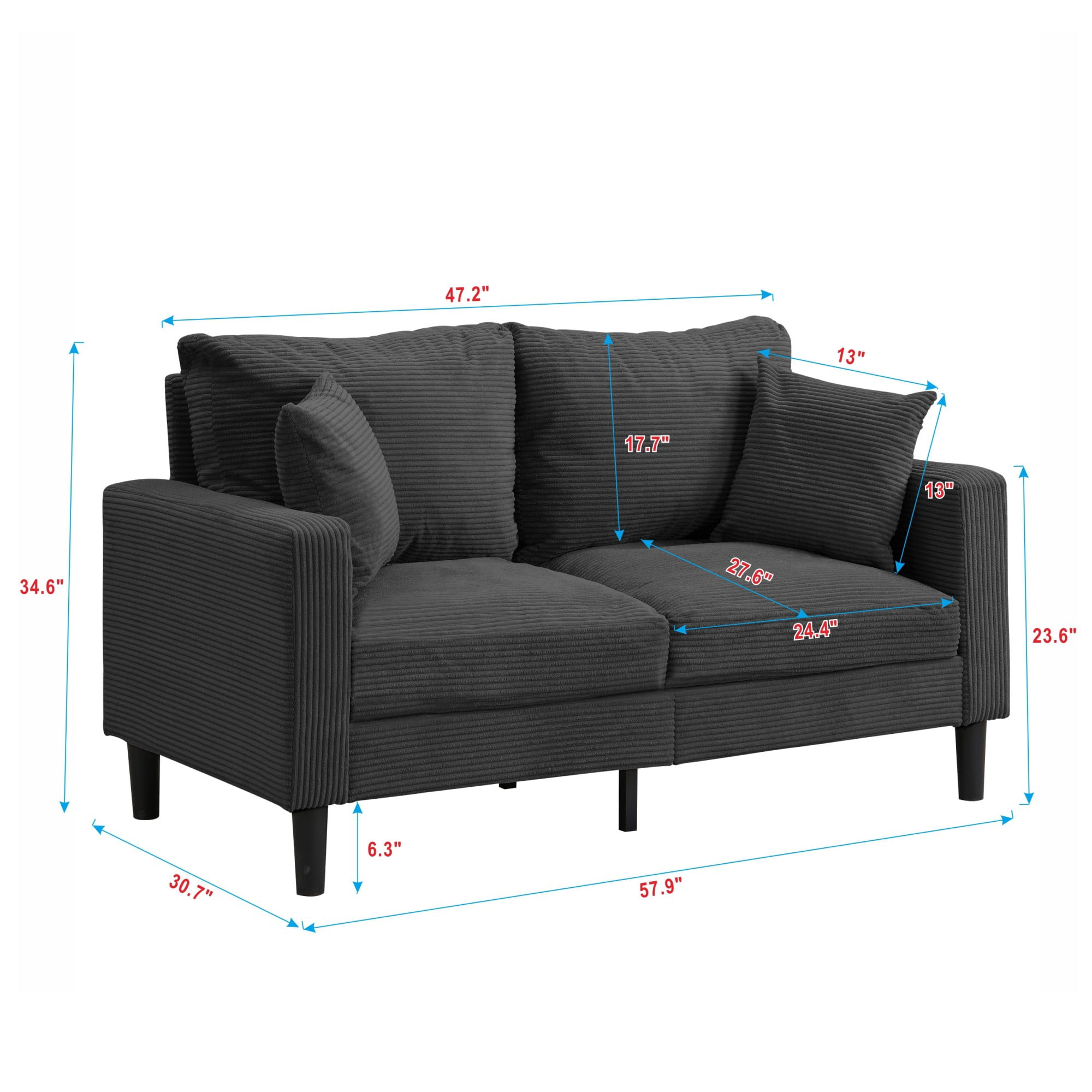 57" Loveseat Sofa Couch,Modern Upholstered Comfy Sofa with 2 Pillows for Living Room Bedroom Apartment Small Space,Dark Gray