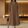 thumbnail image 6 of JGGSPWM Womens 3/4 Sleeve Linen Dress Casual Summer Dresses with Pockets Loose Midi A Line Flowy Dress Boho V Neck Sundress Brown XL, 6 of 7
