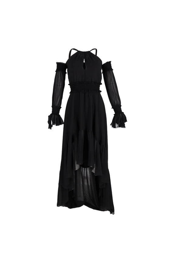 Pre-Owned Versace Midi Gothic Off-Shoulder Long Back Dress in Black Polyester