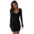 thumbnail image 3 of Women Deep V Neck Button Front Knit Mini Dress Elegant Long Sleeve Ribbed Flowy Hem A-Line Short Dresses, 3 of 9