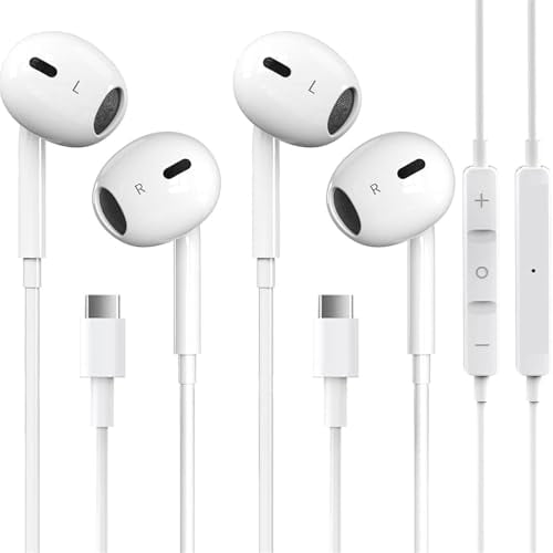 2 paquetes de auriculares USB C para iPhone 16/15 Pro Max Plus Tipo C Auriculares con cable con micrófono y control remoto Cancelación de ruido para iPhone 16/15 pro, iPad Pro, Galaxy S23/S22/S21/S20/