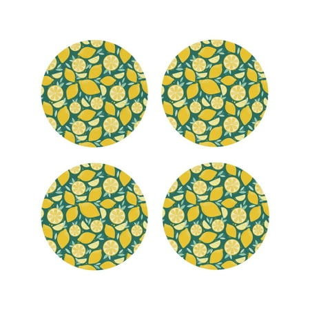

Coasters Set of 4 - Cute Lemon Turquoise Drink Coasters for Tabletop Protection Leather Coasters for Living Room Decor and Housewarming Gift Round Shape