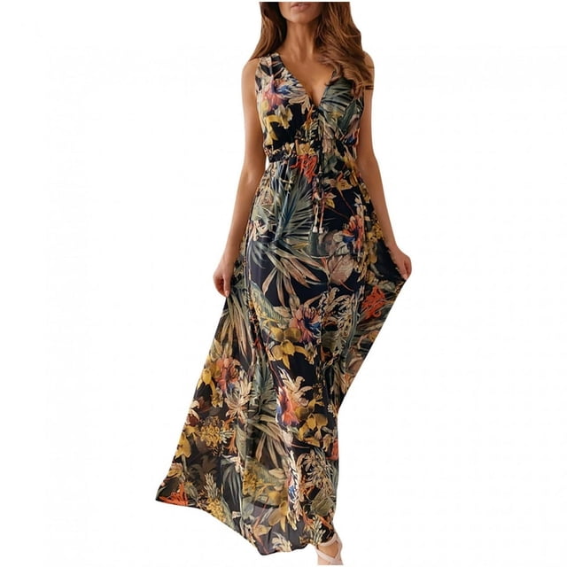 MesaSe Robes Maxi d'Été pour Femmes Imprimé Tropical Robes de Plage Col en V Sans Manches Taille Haute Lacée Robe Maxi Fluide Robe d'Été