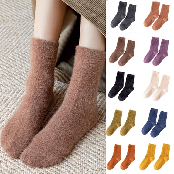 Dengjunhu 4 Pairs Women Fuzzy Fluffy Cozy High Elasticity Stockings Warm Soft Winter Plush Home Sleeping Socks