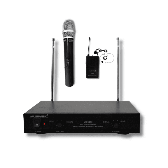 MUSYSIC Dual Channel VHF Wireless Microphone System with Handheld and Lapel Microphones