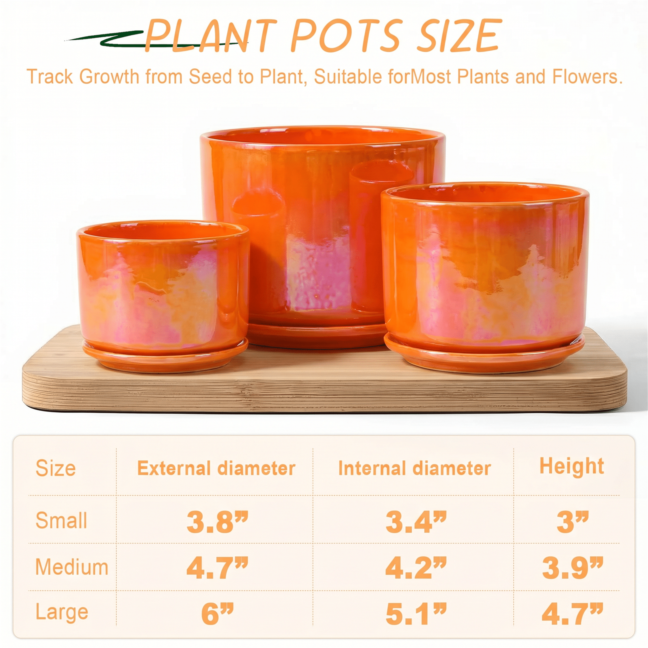 BUYMAX Plant Pots, 4+5+6 inch Pots for Indoor Plants,Ceramic Planter Pot with Drainage Hole,Flower Pots for Succulent Cactus,Set of 3 - Rainbow Pearl Glaze Orange