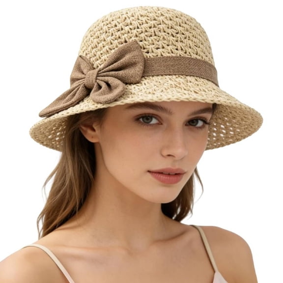 Elegant Woven Straw Sun Hat with Bow Summer Beach Sun Straw Hats for Women Wide Brim Packable Travel Bucket Hats Foldable Brim Cap for Beach Travel Daily QURATI Beige