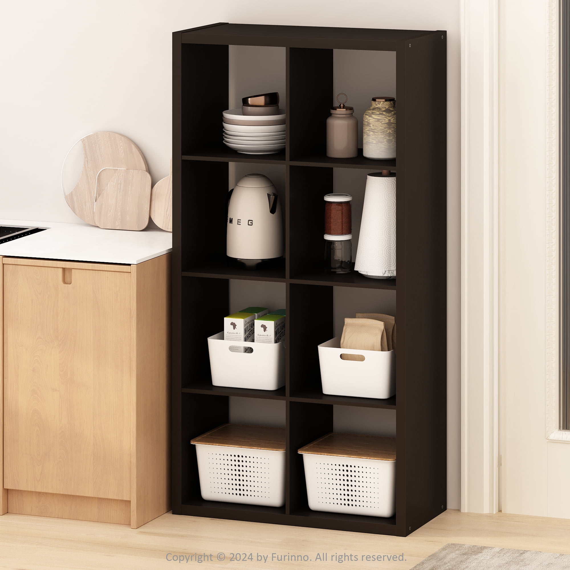 Furinno HERMITE 8 Cube Kitchen Island with Storage Bakers Rack in Black Oak