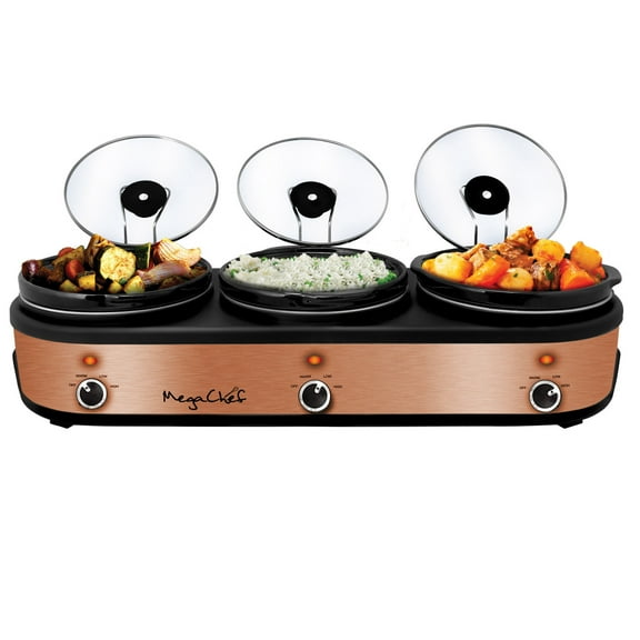 MegaChef Triple 2.5 Quart Slow Cooker and Buffet Server in Brushed Copper and Black Finish with 3 Ceramic Cooking Pots and Removable Lid Rests