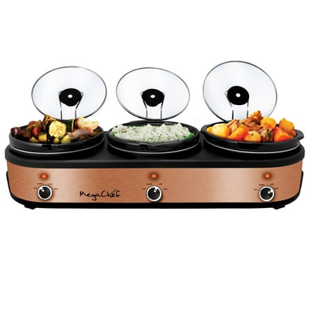 

MegaChef Triple 2.5 Quart Slow Cooker and Buffet Server in Brushed Copper and Black Finish with 3 Ceramic Cooking Pots and Removable Lid Rests