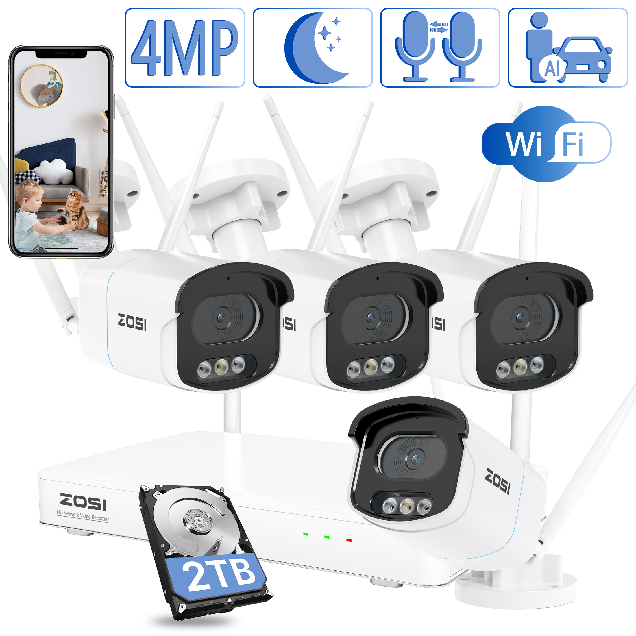 4MP WiFi Security Camera System with Two Way Audio, AI Human Detection, ZOSI 2.5K Security Camera System, WiFi Camera Outdoor, Color Night Vision,2TB HDD for 24/7 Recording