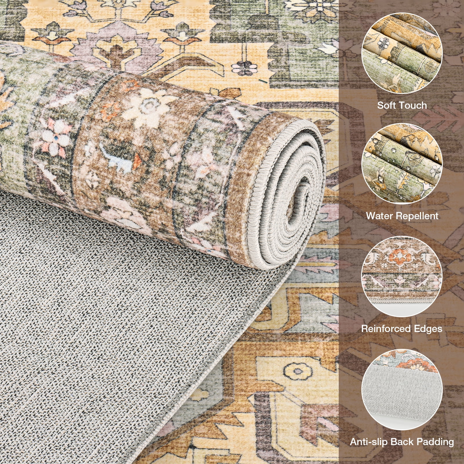 Washable Area Rug for Living Room, Curtilage 8'x10' Floral Vintage Green Indoor Rug, Low Pile & Stain Resistant Carpet for Bedroom, Office