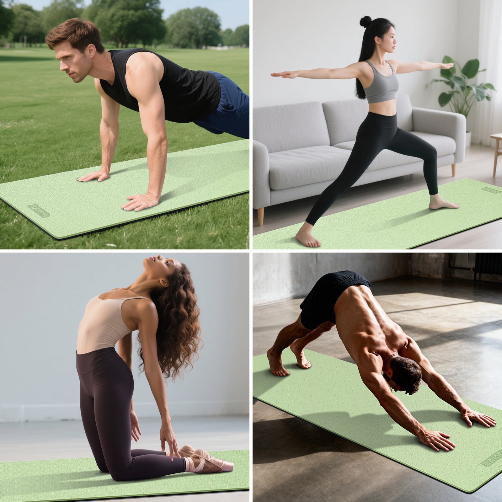 BAIMA Large Yoga Mat Thick Extra Wide and Long ,Roll-up Pilates Mats ,Eco TPE Double-Sided Exercise Pad with Carry Strap(Green+Black)