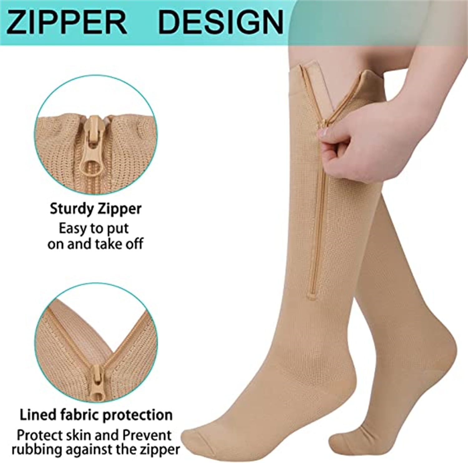 2 Pairs Wukang 15-20 mmHg Beige L/XL Size Zipper Compression Socks Closed Toe Knee High Compression Stockings for Men & Women