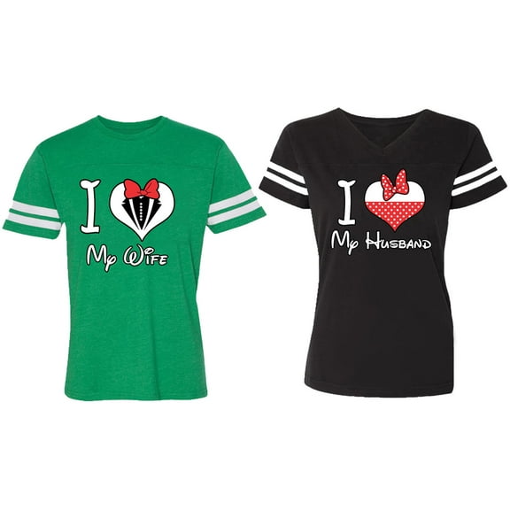 I Love My Husband Wife Matching Couple Cotton Jerseys (Men Green / Women Black) (Men S / Women S)
