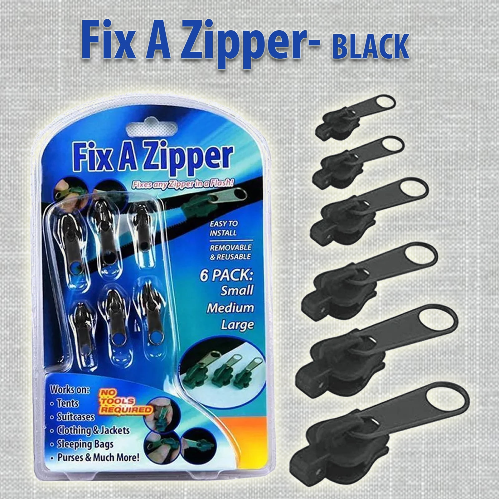 ASOTV -Fix a Zipper Common Size Fix Any Zipper Easy To Install Removable  Reusable- 6 Zippers- Black