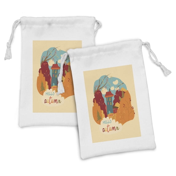 Autumn Fabric Pouch Set of 2, Hello Autumn Calligraphy Little House in Fall Branches Leaves and Trees Image, Small Drawstring Bag for Toiletries Masks and Favors, 9" x 6", Multicolor, by Ambesonne