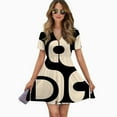 thumbnail image 2 of Abstract Black Beige Artwork Women Dress V-Neck Short Sleeve Flowy Swing Party Midi Dress, 2 of 4