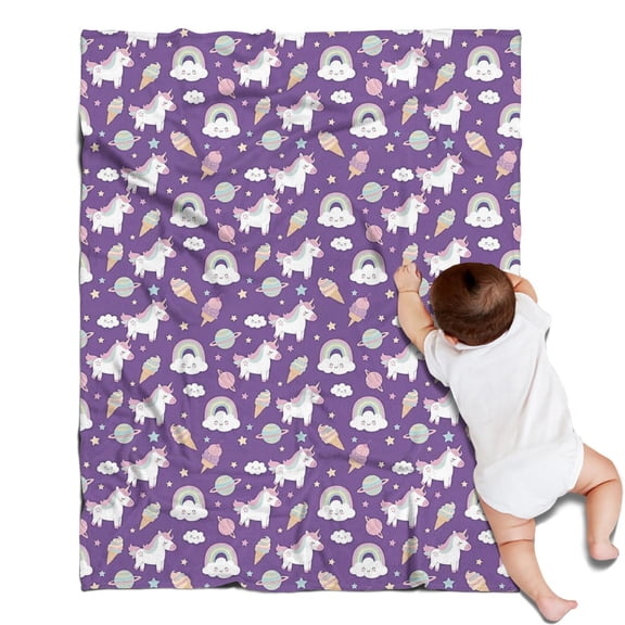 Purple Cartoon Unicorn Rainbow Cloud Ice Cream Planet Blanket,Comfortable Soft Flannel Throw Blanket,All Season,Warm Lightweight Blankets for Sofa Bed Couch Living Room Chair,30"x40"
