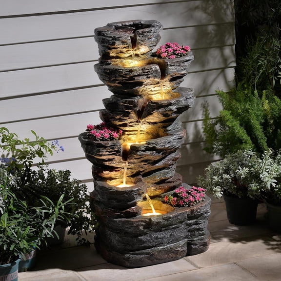 32.7’’H 6-Tier Rock Water Fountain Outdoor Cascading Waterfall Fountain with 3 Plant Nooks and LED Lights, Outdoor Water Fountain for Garden, Patio, Porch & Yard Decor