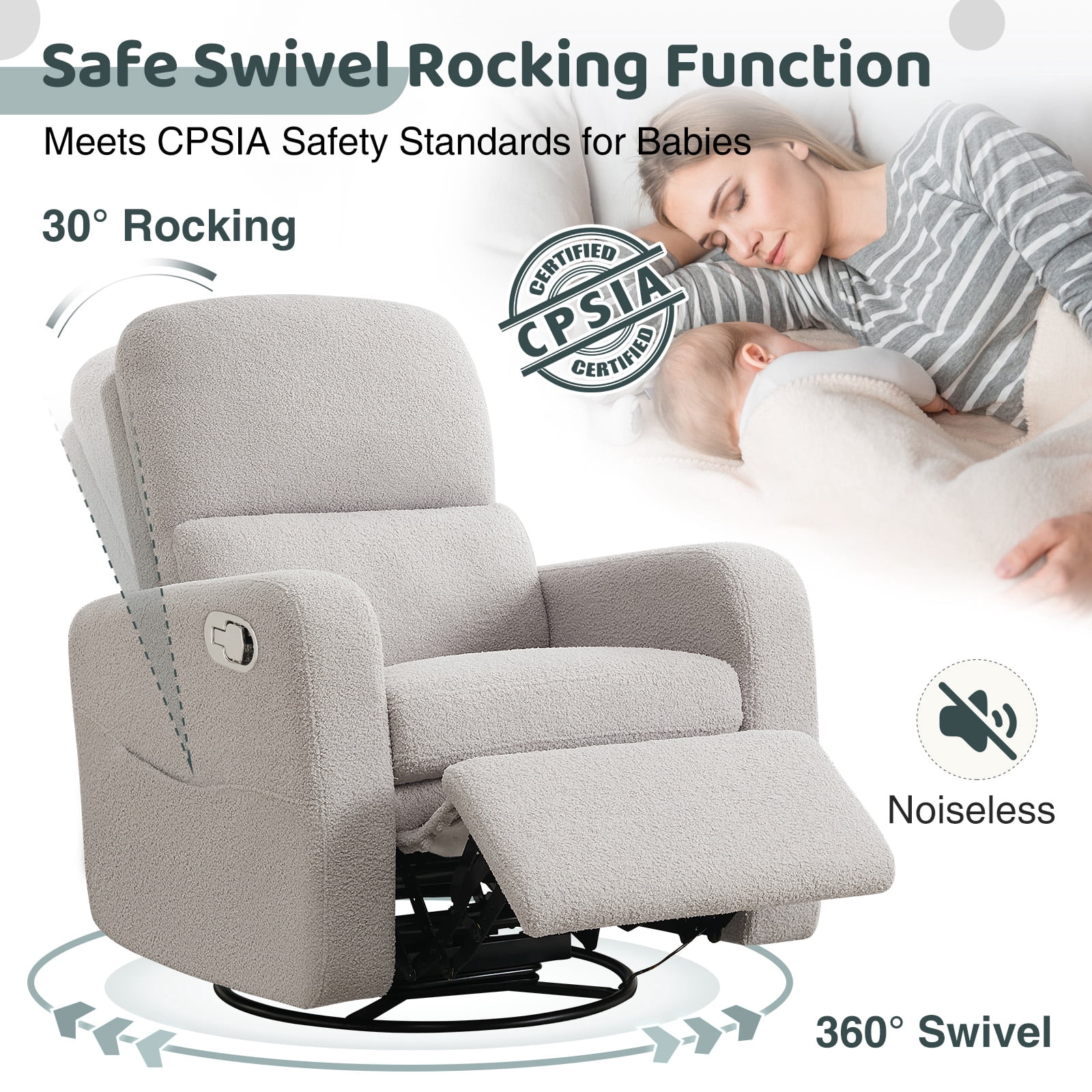 Aemeios Swivel Manual Recliner Chair Teddy Fabric Nursery Glider Rocker Recliner, Gray