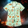 thumbnail image 2 of SJLDQY Halloween Girls' Satin Pajamas 2 Piece Short Sleeve Ghost Pumpkin Shirts Shorts Loungewear Sets Casual Sleepwear Button Down Pj Sets for Girls, 2 of 3