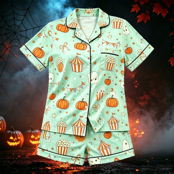 RUTAYY Girls Pajama Set Halloween Cute Pumpkin Popcorn Ghost Graphic Short Sleeve Top and Shorts Cozy Home Wear Light Green