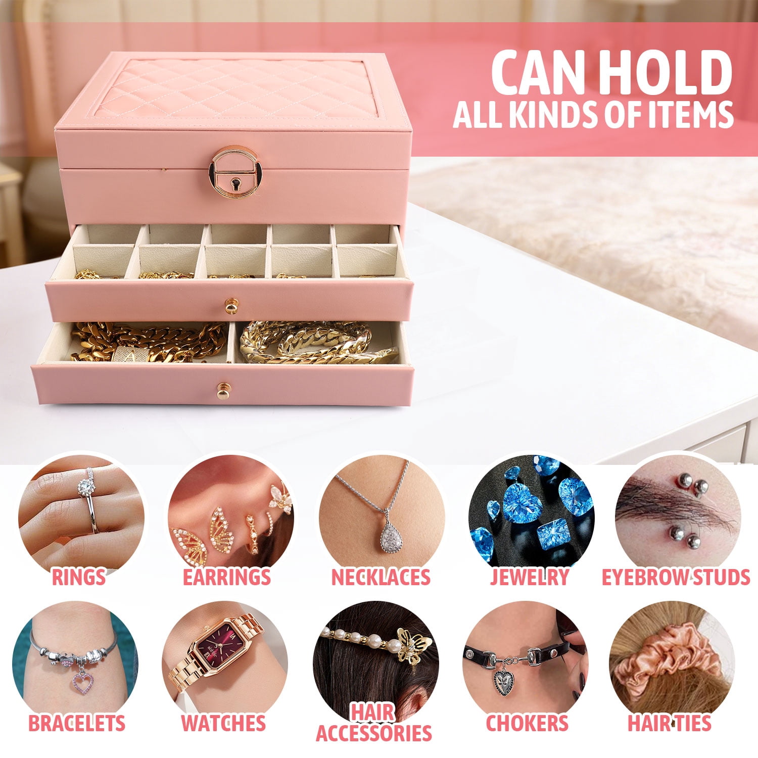ASKITO 3 Layers Jewelry Box, Lockable Jewelry Holder Organizer with Drawer, Large Jewelry Boxes for Women Girls, Jewelry Holder for Necklace Earring Ring Bracelet Watch, Pink