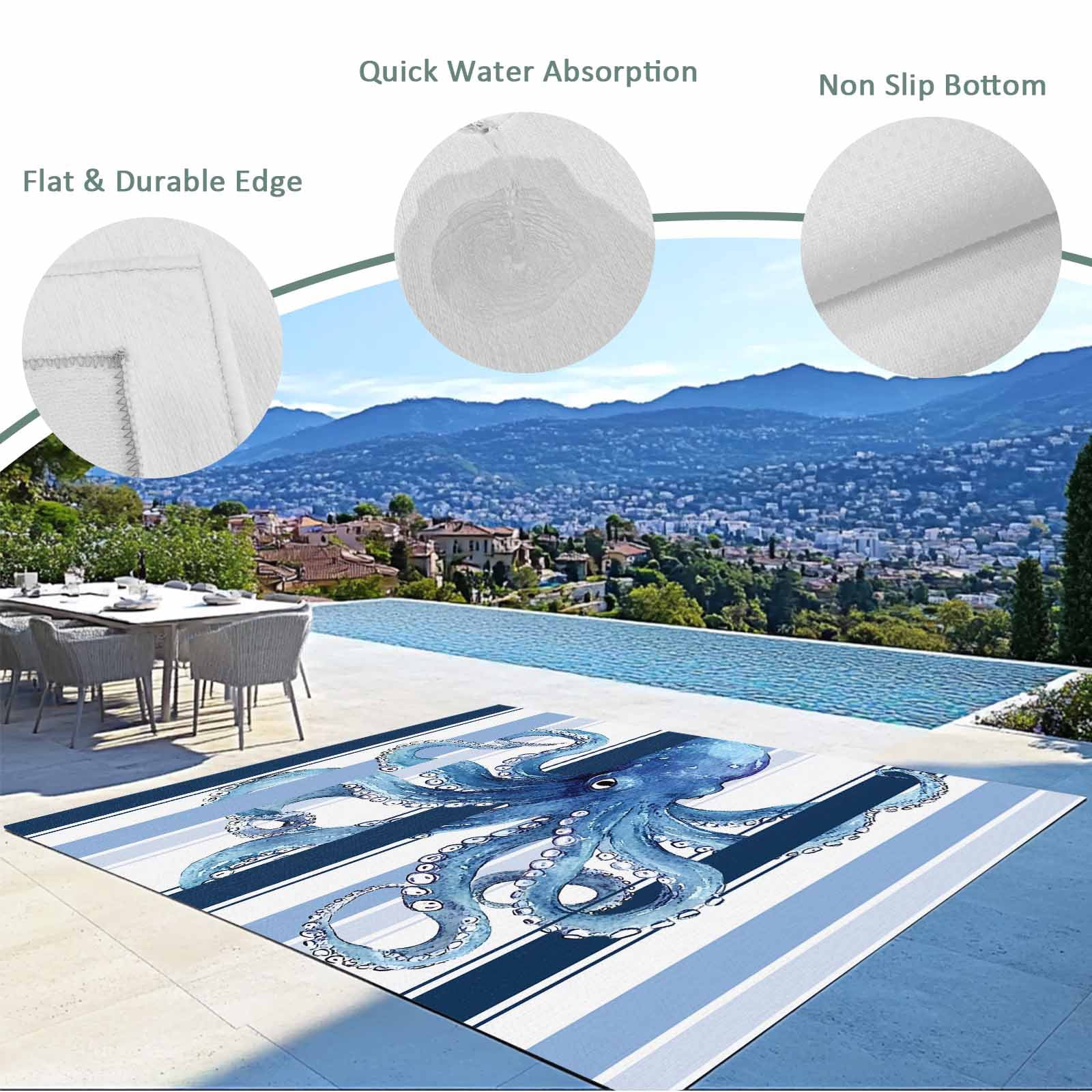 Fsddascl Ocean Octopus Outdoor Rug for Patio/Deck/Porch, Non-Slip Large Area Rug 4 x 6 Ft, Watercolor Navy Blue Aqua Stripe Modern Indoor Outdoor Rugs Washable Area Rugs, Camping Rug Carpet