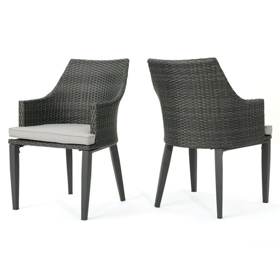 GDF Studio Leeward Outdoor Wicker Dining Chairs with Cushions, Set of 2, Gray and Light Gray