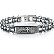 Mens Motorcycle Bike Link Chain Lord's Prayer English Christian Cross Bracelet Size 8 Inch or Size 9 Inch (Silver, 8 Inch)