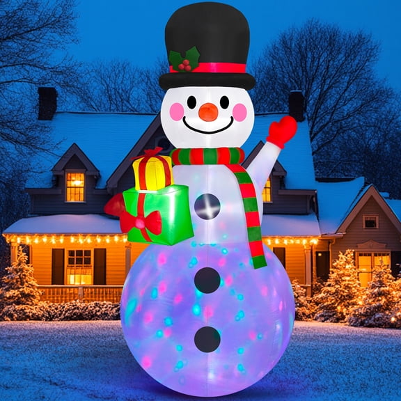 8FT Christmas Inflatable Snowman Outdoor Decoration, Built-in Colorful LEDs Xmas Blow Ups Snow Man with Gift Box for Garden Lawn Holiday Party Decor