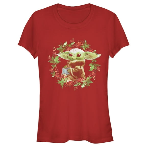 Junior's Star Wars: The Mandalorian Christmas The Child Wreath  Graphic Tee Red Small