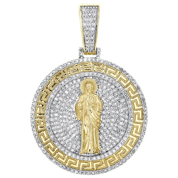 10K Yellow Gold Real Diamond Men's Greek Key St. Jude Medallion Pendant 1.75 CT