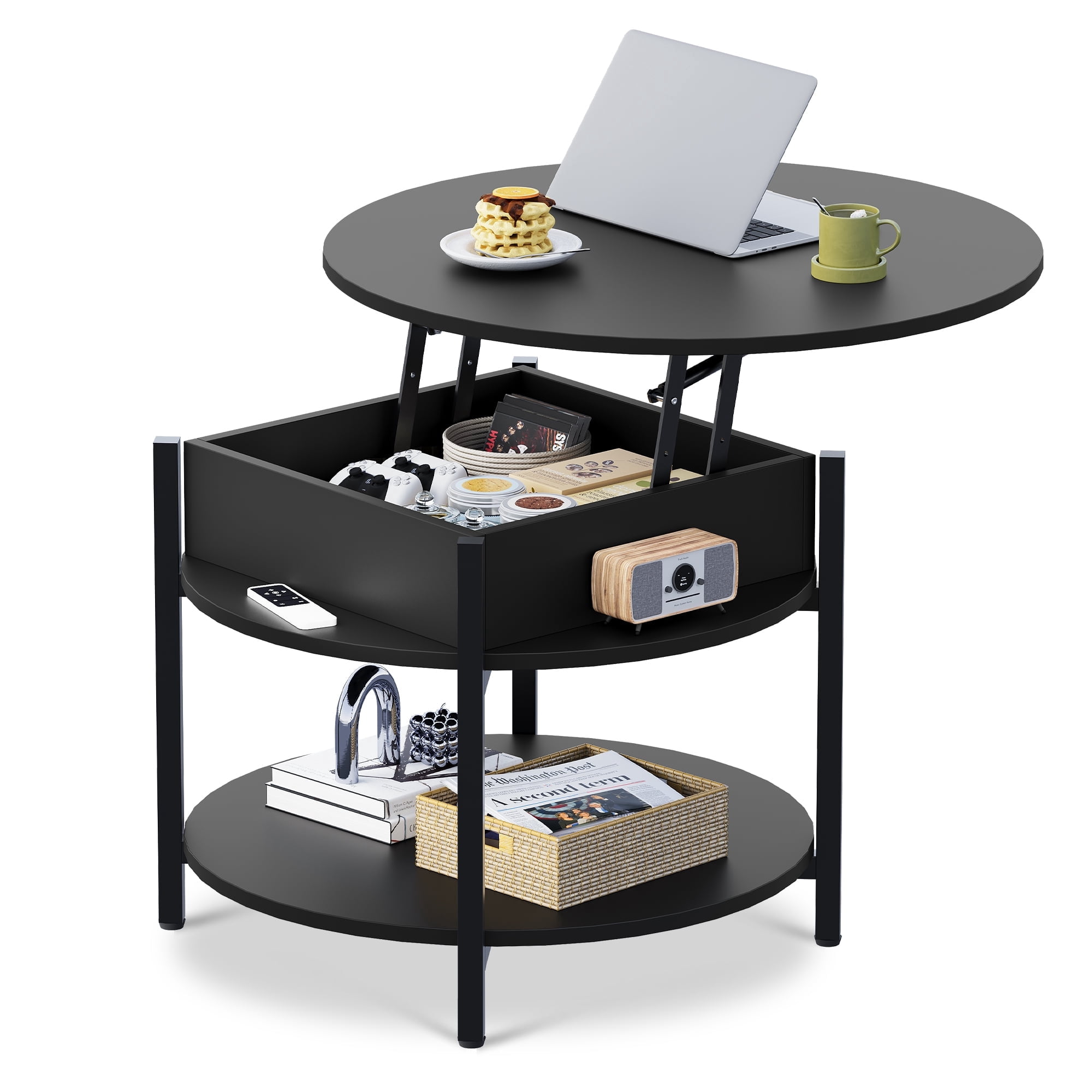 GALAXHERO Round Lift Top Coffee Table with Hidden Compartment and Storage Shelf, Farmhouse Small Coffee Table with 2 Tier for Living Room Black