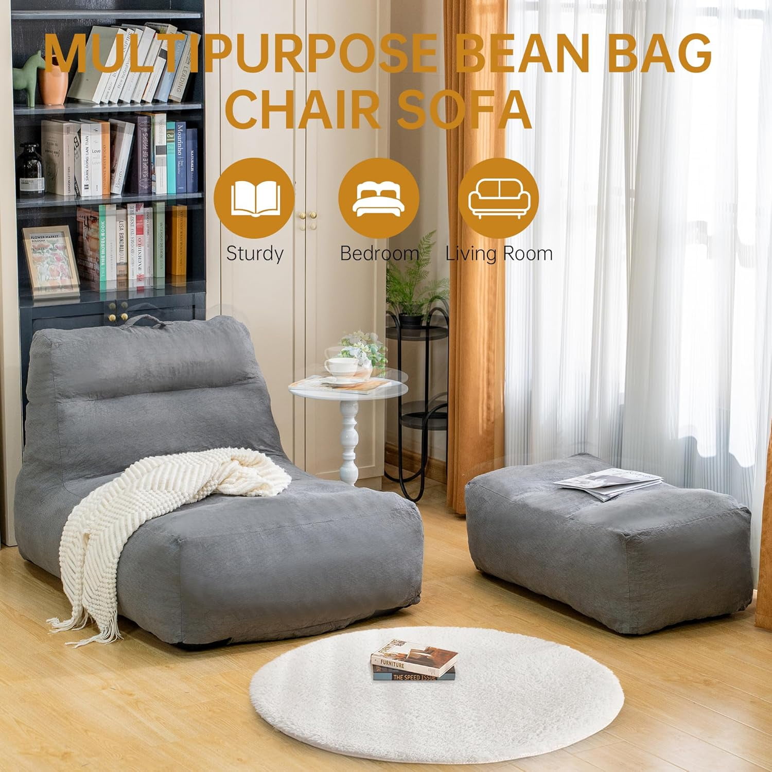 LinkRomat Giant Bean Bag Chair with Ottoman for Adults, Oversized Corduroy Memory Foam Beanbag Chair with Filler Included, Comfy Lounge & Gaming Chair for Living Room and Bedroom