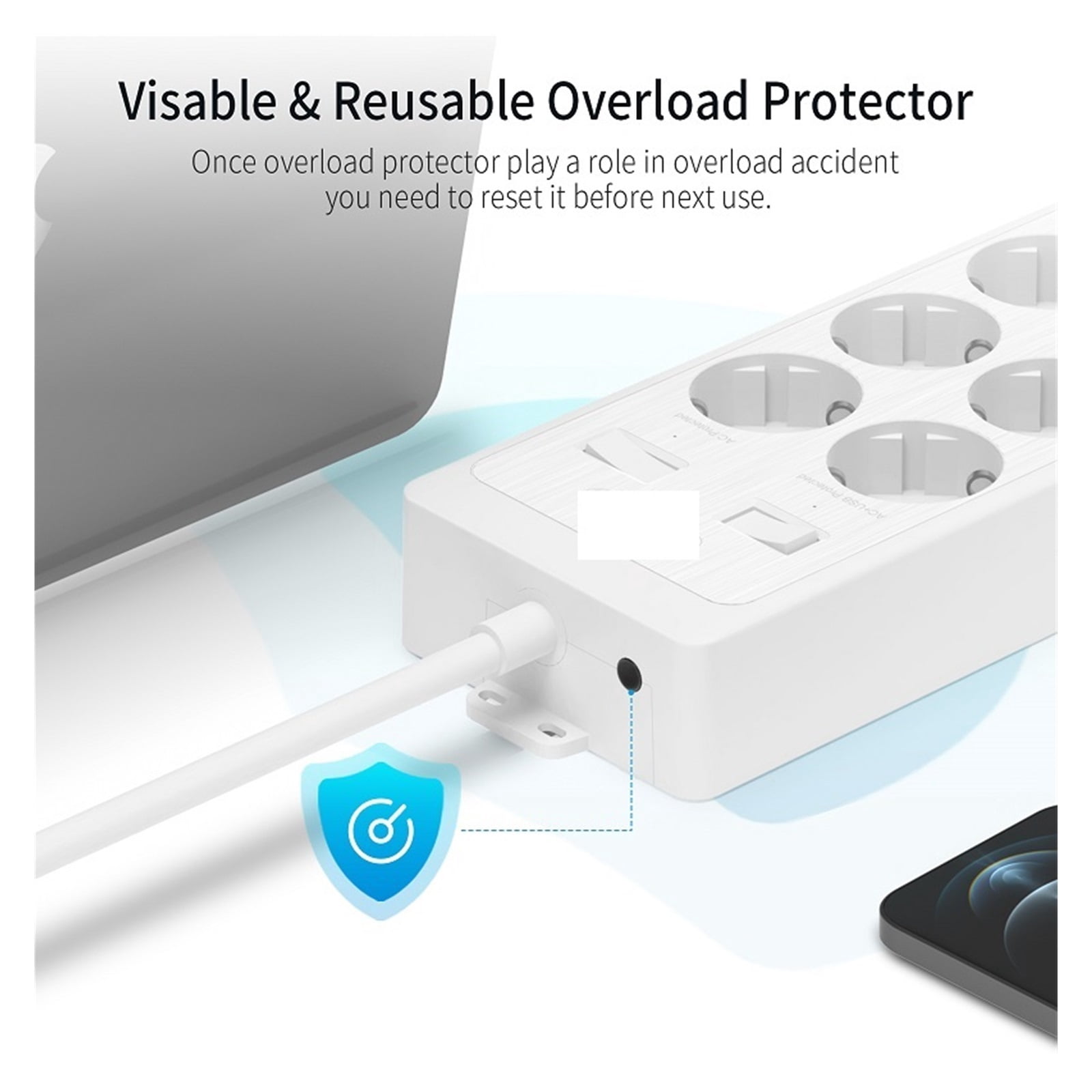 Wall Mountable USB Power Strip 4000J Surge Protector Extra Wide Socket Power Outlet With Extension Lead Network Filter