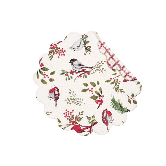 C&F Home Sprig Birds Round Circular Placemat Quilted Winter Birds Crosshatched Cotton Machine Washable Round Placemat Red