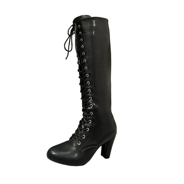 Lovzfmll Knee High Boots Women, Knee High Riding Boots Round Toe Lace Up, Block Mid Heel Round Toe Leather Boots Fall Black Boots