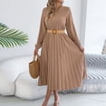 thumbnail image 4 of Gamivast Modest Dresses for Women Long Sleeve Round Neck Solid Pleated Dress High Waist Midi Dress With Belt A-Line Flowy Dress Church Work Office, 4 of 8