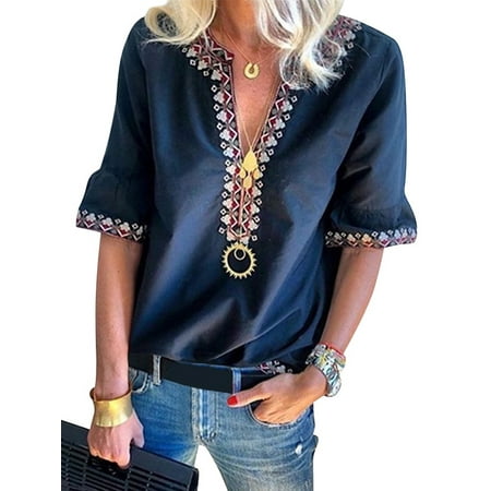 Casual Half Sleeve - 711ONLINESTORE Women V Neck Half Sleeve Boho Print Solid Color Casual Shirt