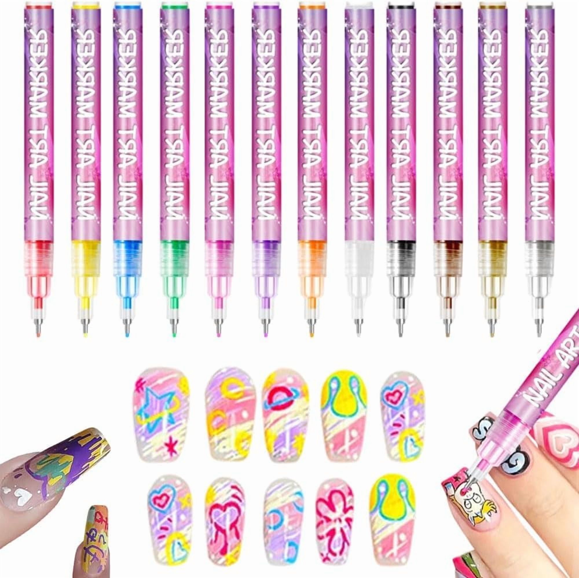 12 Colors Nail Art Pens Set,Upgrade 0.5mm/0.01in Metal Needle Tip for Ultra-Fine Drawing & Doodling,Highly Pigmented Quick-Dry Formula,Eco-Friendly Water-Based Markers for 3D Nail Art & Manicure